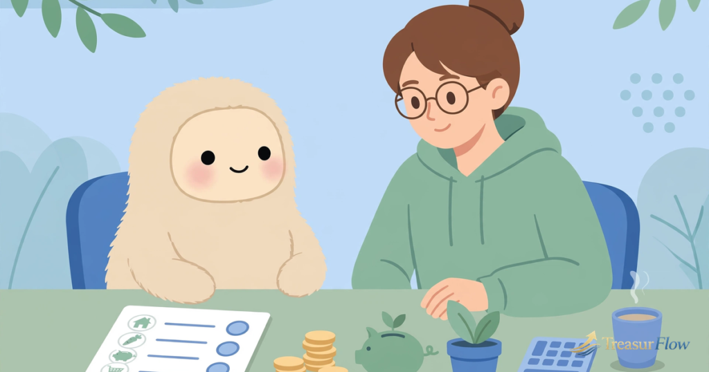 Illustration of a person planning a monthly budget with an AI assistant