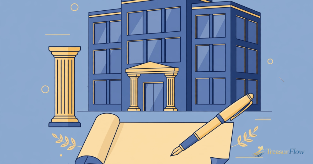 Illustration of an office building with legal documents