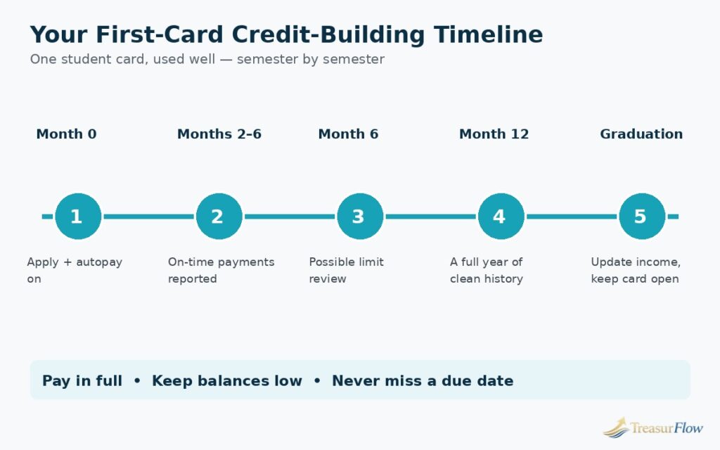 Credit-building timeline for a first student card, from application in month zero through six months of on-time payments, a limit review, twelve months of history, and graduation