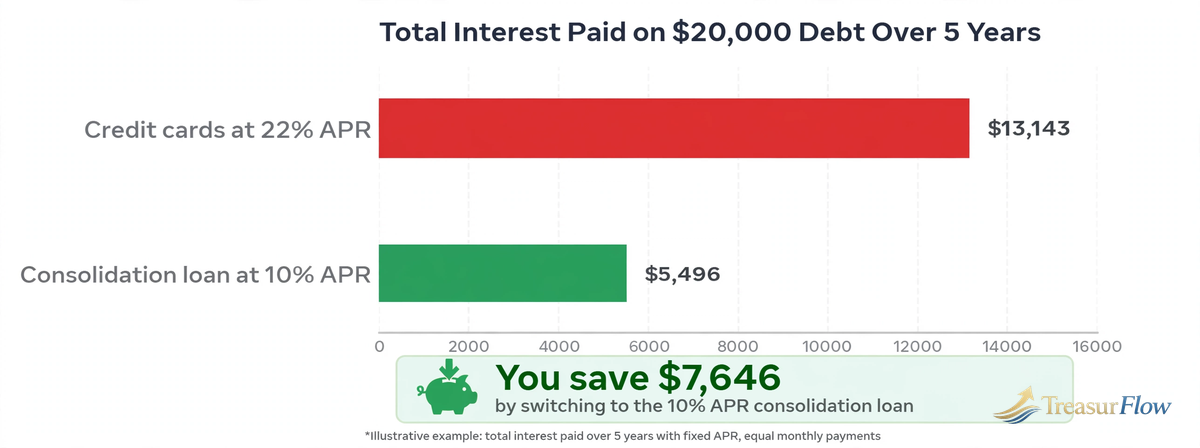 Bar chart showing $7,646 interest saved with the best debt consolidation loans 2026, consolidating $20,000 at 22% APR to a 10% loan