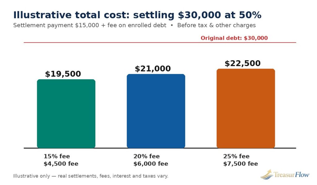 Illustrative bar chart of the total cost of settling $30,000 of enrolled debt at 50 percent, showing total costs of $19,500 at a 15 percent fee, $21,000 at a 20 percent fee, and $22,500 at a 25 percent fee, before tax and other charges