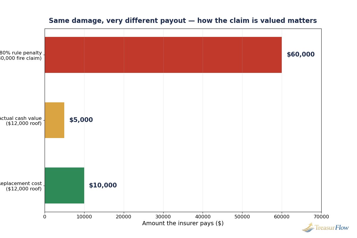 Bar chart comparing best homeowners insurance 2026 claim payouts for replacement cost, actual cash value, and the 80 percent rule penalty