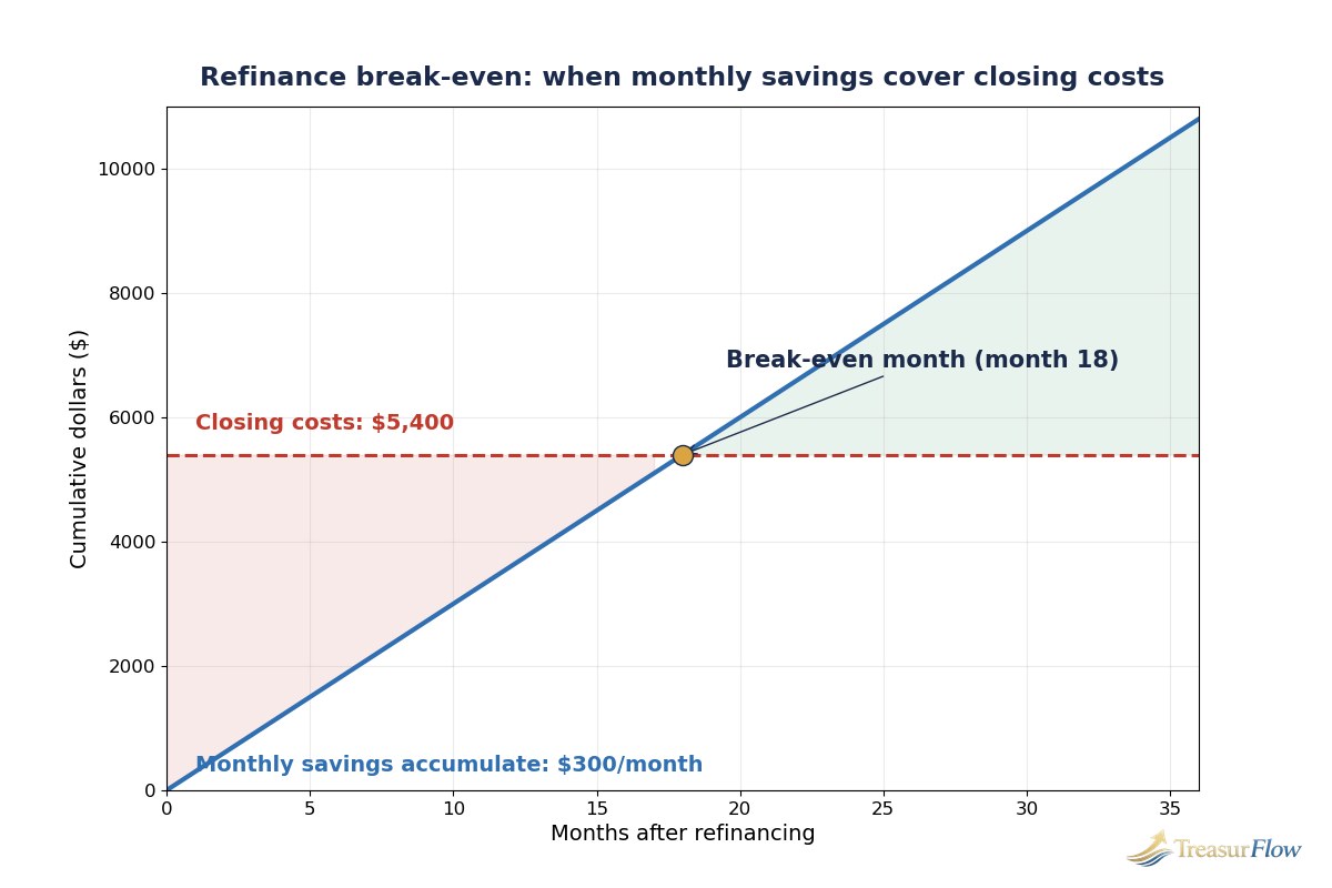 Chart showing how best mortgage refinance 2026 savings accumulate until they cross the closing-cost line at the break-even month