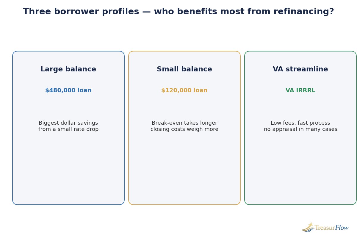 Three borrower profiles compared: large-balance, small-balance, and VA streamline refinance