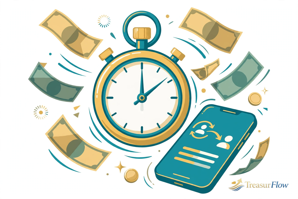 Stopwatch with cash and phone showing emergency loan funding speed comparison