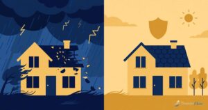 Illustration of a house under a storm sky with roof damage beside the same house protected under a shield