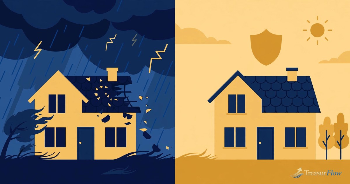 Illustration of a house under a storm sky with roof damage beside the same house protected under a shield