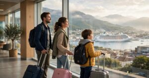 Family with suitcases at an airport terminal looking toward a cruise ship and mountains