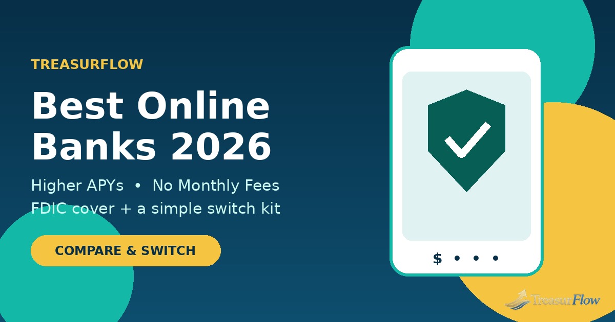 Best online banks 2026 comparison graphic with a smartphone, shield and Treasurflow branding