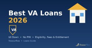 Best VA loans 2026 guide cover showing a home with a shield, representing VA loan eligibility, funding fees, and entitlement for veterans