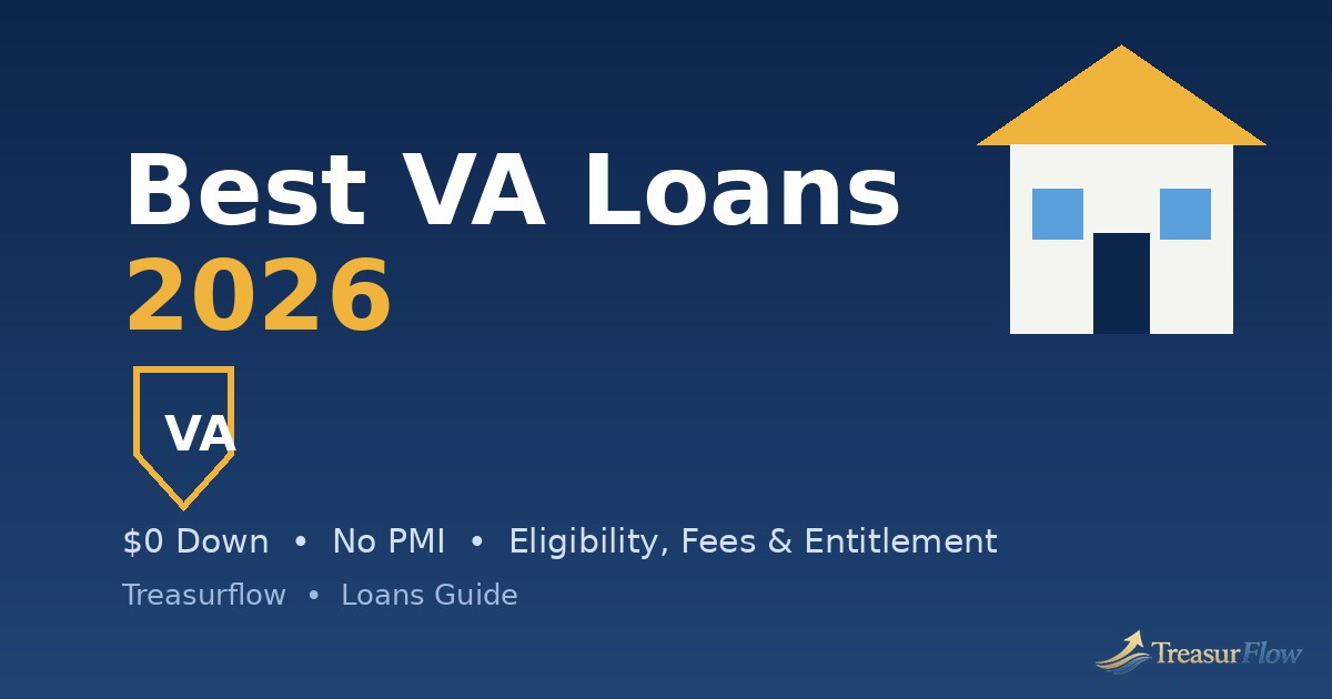 Best VA loans 2026 guide cover showing a home with a shield, representing VA loan eligibility, funding fees, and entitlement for veterans