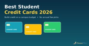 Best student credit cards 2026 compared on a campus desk, showing a first credit card, notebook budget, and laptop
