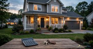 Suburban home at dusk with a mortgage refinance comparison, calculator, and house keys on a table