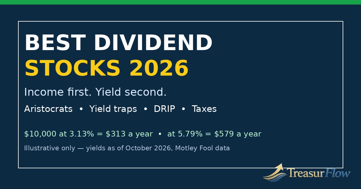 Best dividend stocks 2026 guide showing dividend income, Aristocrats, yield traps, DRIP and tax tips with illustrative yields as of October 2026