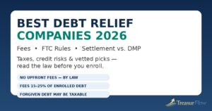 Best debt relief companies 2026 compared — a desk with a calculator, a written debt payoff plan, and documents labelled with FTC rules, settlement fees, and tax on forgiven debt