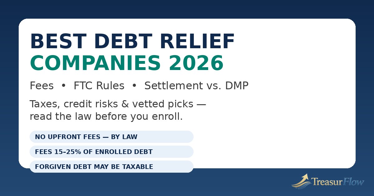 Best debt relief companies 2026 compared — a desk with a calculator, a written debt payoff plan, and documents labelled with FTC rules, settlement fees, and tax on forgiven debt