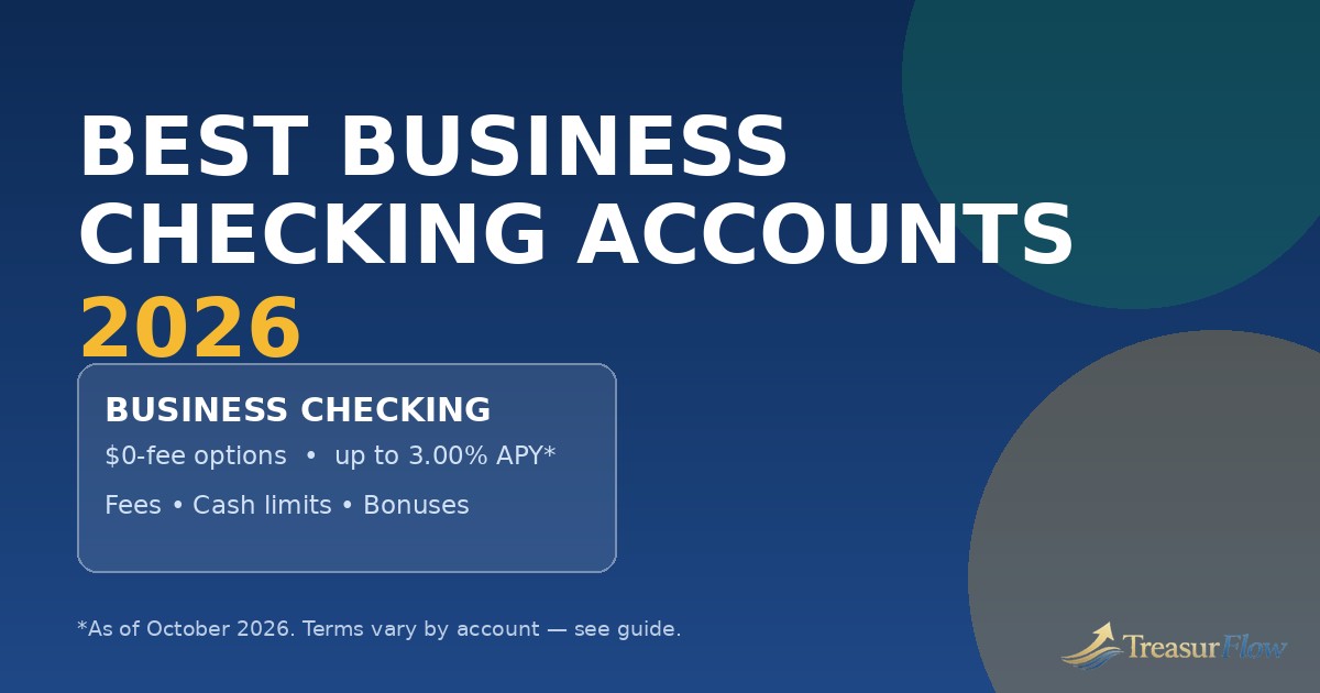 Best business checking accounts 2026 comparison cover showing business banking, fees and interest themes from Treasurflow