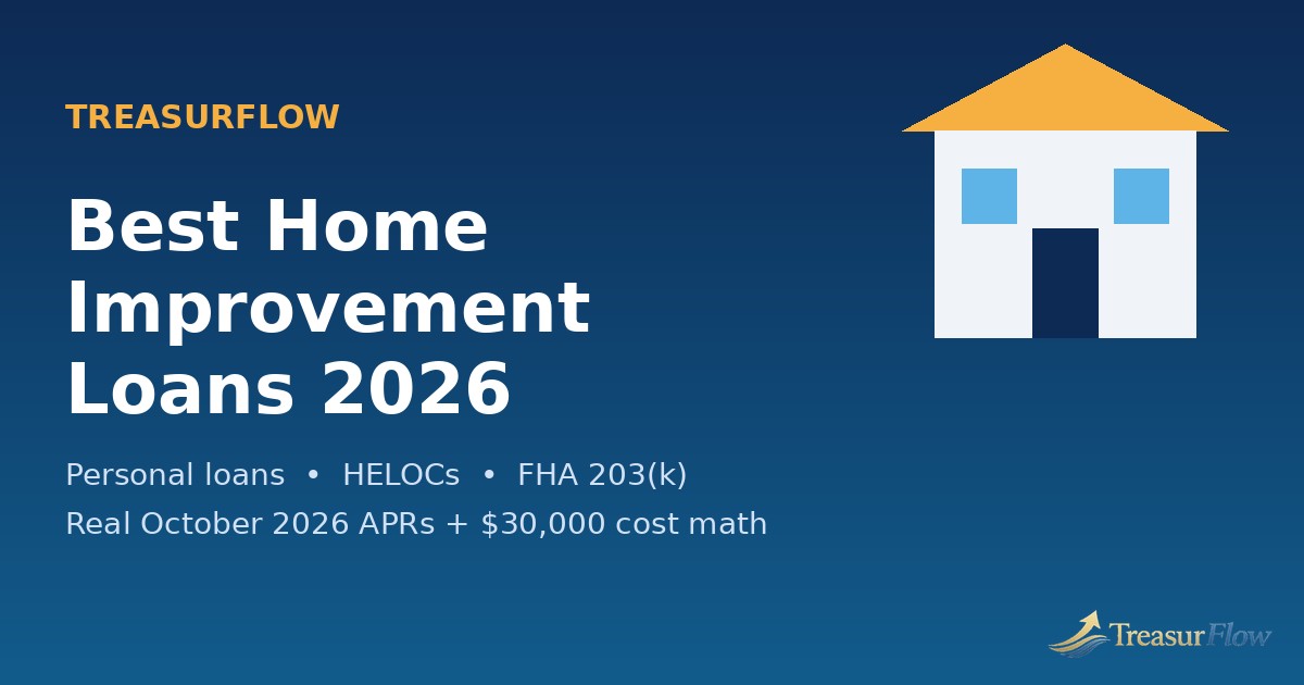 Best home improvement loans 2026 guide cover showing a renovated house with personal loan, HELOC, and FHA 203(k) financing options compared