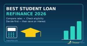 Best student loan refinance 2026 comparison graphic with a graduation cap, calculator and rising savings chart on a clean navy and teal finance background
