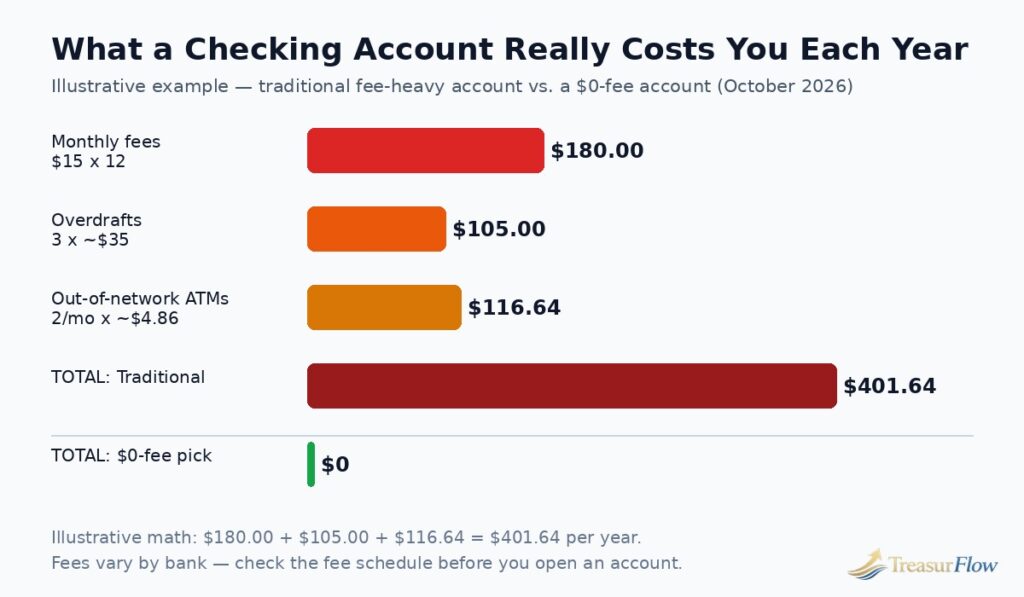 Bar chart comparing the annual cost of a traditional checking account at $401.64 in fees versus $0 for the best checking accounts 2026