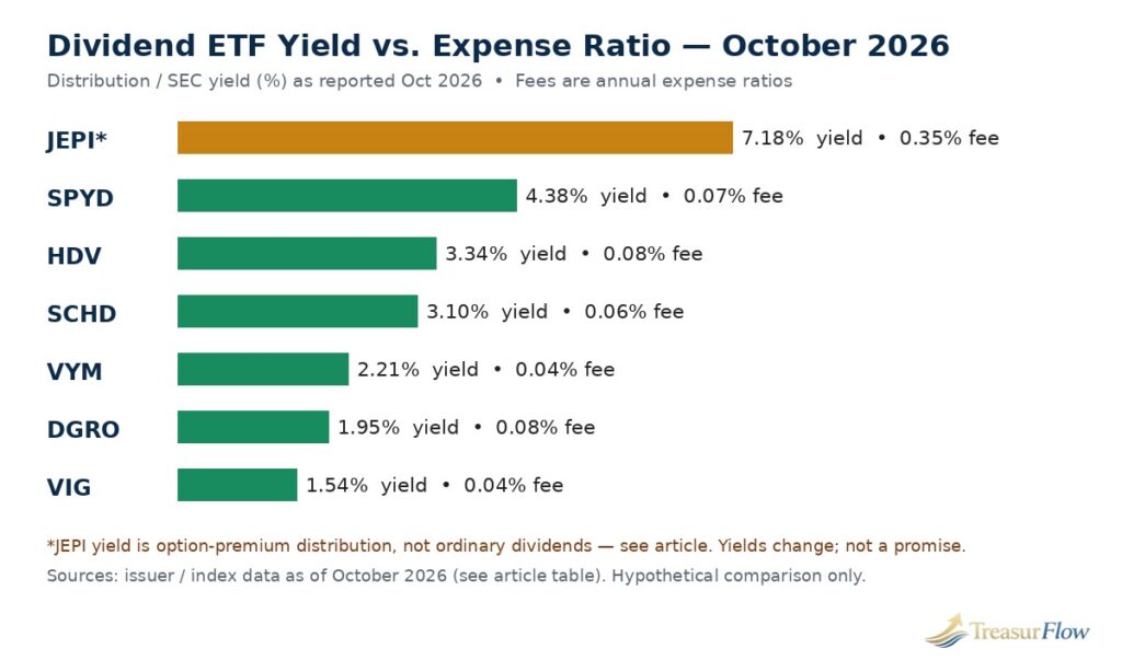 Bar chart comparing dividend ETF yields and expense ratios for VIG, DGRO, VYM, SCHD, HDV, SPYD and JEPI as of October 2026