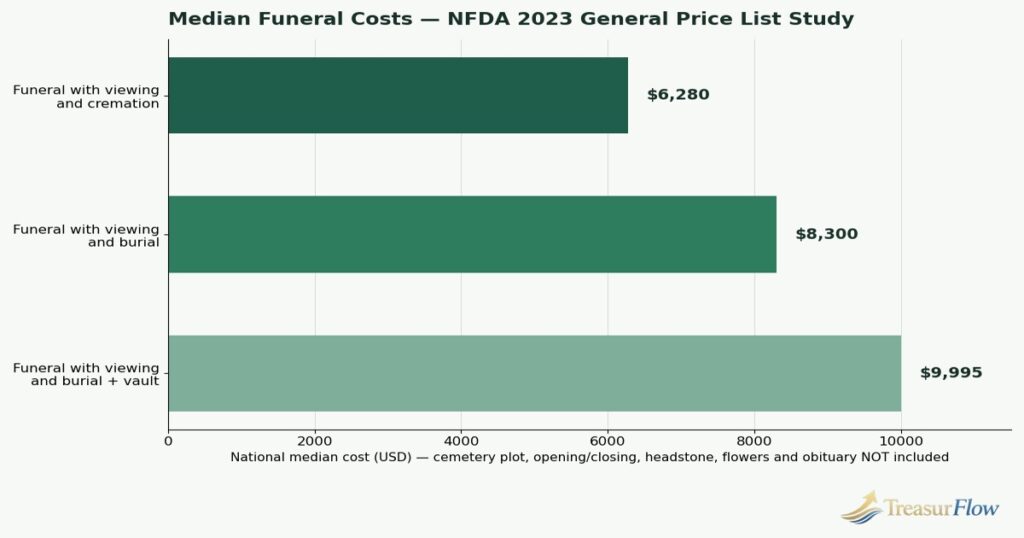 Bar chart of NFDA 2023 median funeral costs: $8,300 for burial with viewing, $9,995 with vault, and $6,280 for cremation with viewing, cemetery costs excluded