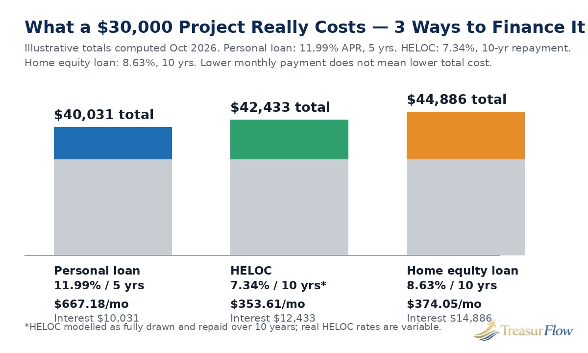 Bar chart comparing the total cost of a $30,000 home improvement project financed three ways in October 2026: personal loan $40,031 total, HELOC $42,433 total, and home equity loan $44,886 total