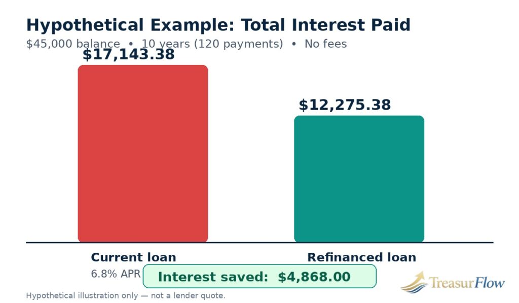 Hypothetical bar chart comparing total interest of $17,143.38 at 6.8% with $12,275.38 at 5.0% on a $45,000 student loan repaid over 10 years, a saving of $4,868.00
