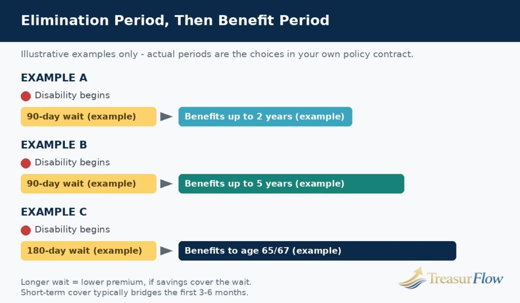 Timeline diagram showing how the elimination period and benefit period work in disability insurance, with example waiting periods and benefit lengths labelled as examples