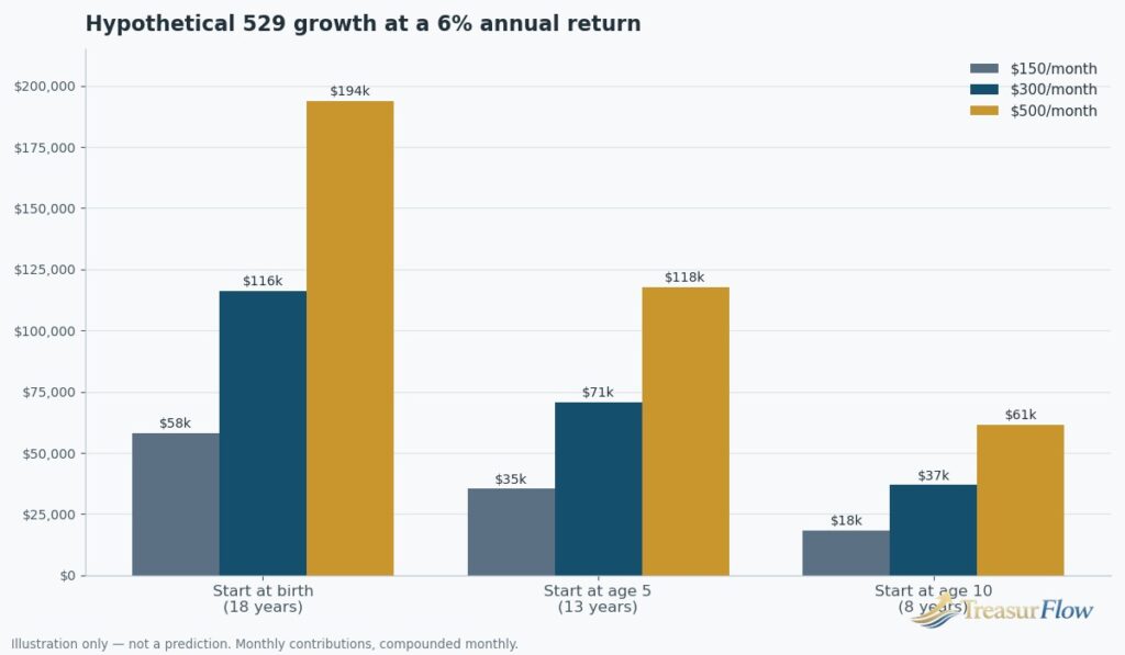 Hypothetical 529 growth illustration at a 6% annual return: monthly saving of $150, $300 and $500 started at birth, age 5 and age 10