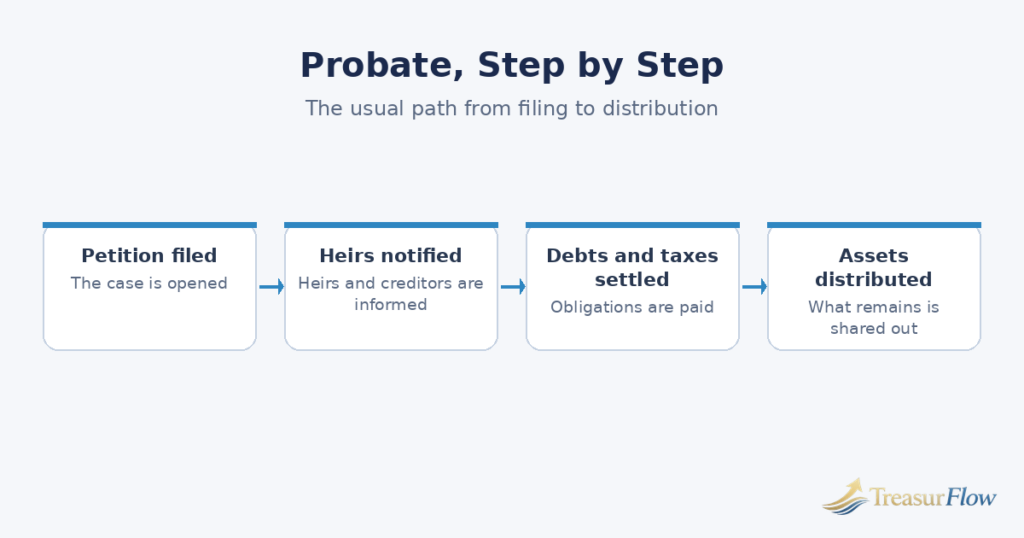 Diagram of probate steps from filing to distribution