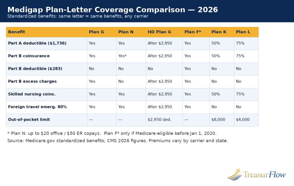 Medigap plan-letter coverage comparison chart for 2026 showing what Plan G, Plan N, high-deductible Plan G, Plan F, Plan K, and Plan L cover
