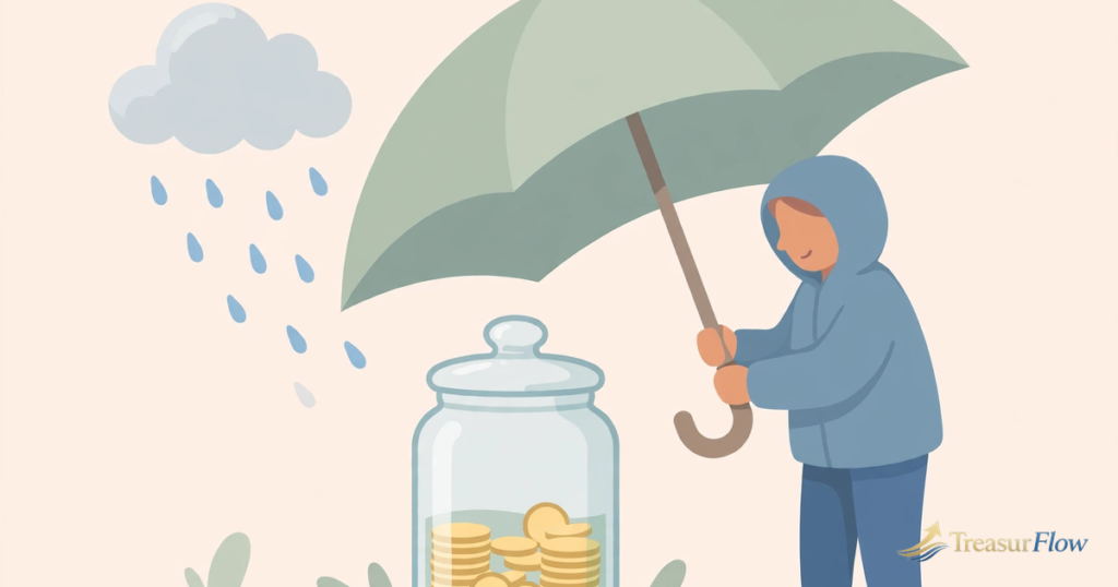 Illustration of a person shielding a savings jar from rain with an umbrella
