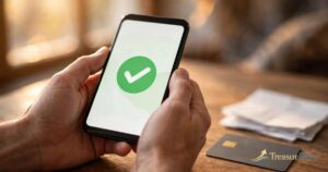 Hands holding a smartphone showing a green checkmark, with a bank card and papers on a wooden table beside it