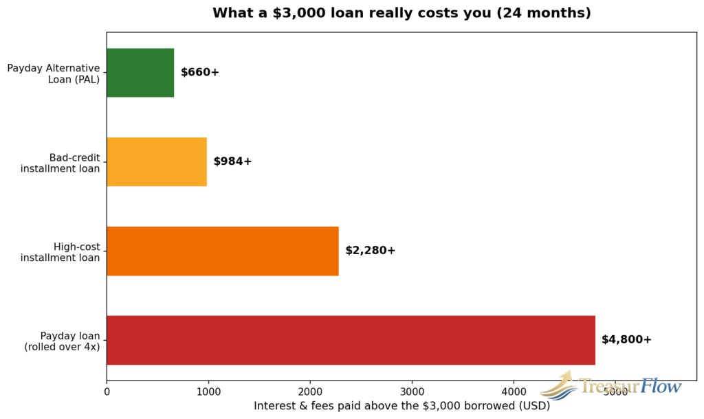Bar chart comparing what a $3,000 loan really costs across loan types over 24 months