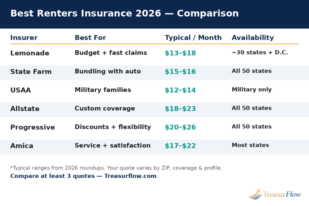 Best renters insurance 2026 comparison chart — monthly premiums by insurer
