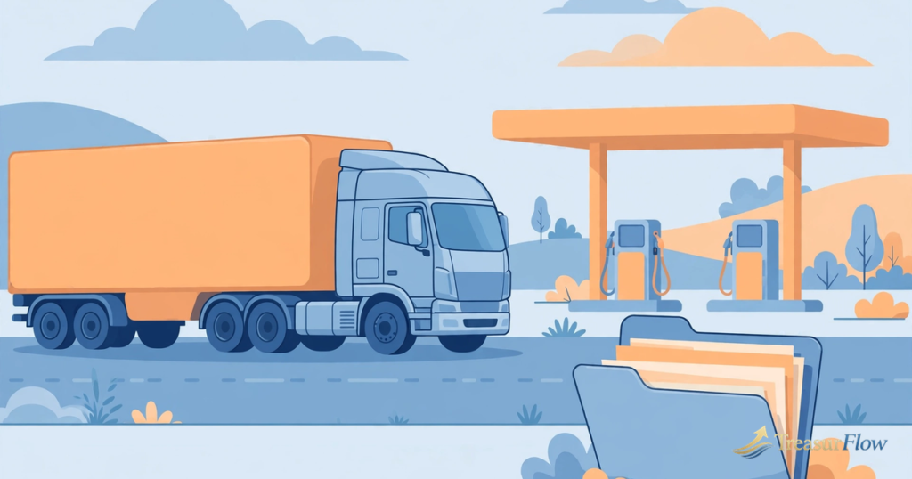 Illustration of a semi truck at a fuel station with a document folder