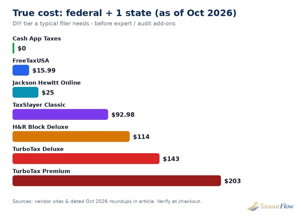 Bar chart of true-cost tax software pricing in 2026 comparing federal plus one state return costs across seven consumer tax programs
